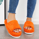 Sohiwoo Women Open Toe Faux Fur Flat Slippers Soft Warm Slip on Furry Slippers