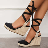 Sohiwoo Women Lace up Espadrille Wedges Platform Heel Singback Sandals