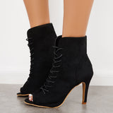 Sohiwoo Peep Toe Stiletto High Heel Ankle Boots Lace Up Booties