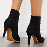 Sohiwoo Peep Toe Stiletto High Heel Ankle Boots Lace Up Booties