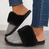 Sohiwoo  Women Black Warm Faux Fur Mule Slipper Furry Soft Slip on Shoes