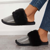 Sohiwoo  Women Black Warm Faux Fur Mule Slipper Furry Soft Slip on Shoes