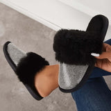 Sohiwoo  Women Black Warm Faux Fur Mule Slipper Furry Soft Slip on Shoes