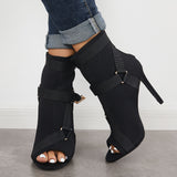 Sohiwoo Peep Toe Stiletto High Heels Back Zipper Ankle Boots