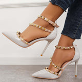 Sohiwoo Women Rockstud Pointed Toe High Heels Ankle Strap Stilettos Dress Pumps