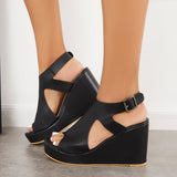 Sohiwoo Black Cutout Slingback Platform Wedge Heels Ankle Strap Sandals