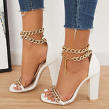 Sohiwoo  Women Chunky Block High Heels Double Rhinestone Ankle Chain Strap Sandals