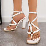 Sohiwoo Women Square Toe Ankle T-Straps Sandals Chunky Block High Heels