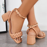 Sohiwoo  Women Square Toe Braided Chunky Block Heel Ankle Strap Sandals