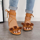 Sohiwoo Women Open Toe Tassel Flat Sandals Lace Up Strappy Sandals