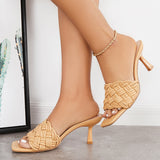 Sohiwoo  Imilybela Square Toe Braided Kitten Heel Sandals Woven Heeled Mules