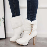 Sohiwoo  Women Rhinestone Faux Fur Lined Ankle Boots Chunky High Heel Booties