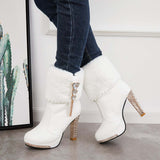 Sohiwoo  Women Rhinestone Faux Fur Lined Ankle Boots Chunky High Heel Booties