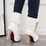 Sohiwoo  Women Rhinestone Faux Fur Lined Ankle Boots Chunky High Heel Booties