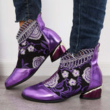 Sohiwoo Women Retro Embroidered Flower Ankle Boots Block Heel Dress Booties