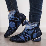 Sohiwoo Women Retro Embroidered Flower Ankle Boots Block Heel Dress Booties