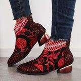 Sohiwoo Women Retro Embroidered Flower Ankle Boots Block Heel Dress Booties