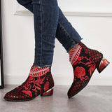 Sohiwoo Women Retro Embroidered Flower Ankle Boots Block Heel Dress Booties