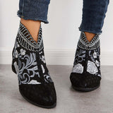 Sohiwoo Women Retro Embroidered Flower Ankle Boots Block Heel Dress Booties