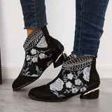 Sohiwoo Women Retro Embroidered Flower Ankle Boots Block Heel Dress Booties