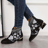 Sohiwoo Women Retro Embroidered Flower Ankle Boots Block Heel Dress Booties