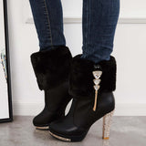 Sohiwoo  Women Rhinestone Faux Fur Lined Ankle Boots Chunky High Heel Booties