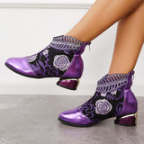 Sohiwoo Women Retro Embroidered Flower Ankle Boots Block Heel Dress Booties