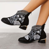 Sohiwoo Women Retro Embroidered Flower Ankle Boots Block Heel Dress Booties