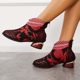 Sohiwoo Women Retro Embroidered Flower Ankle Boots Block Heel Dress Booties