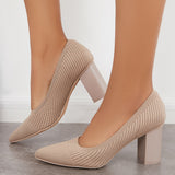 Sohiwoo woman formal Women Knit Office Pumps Pointed Toe Chunky Heel Dress Shoes