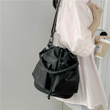 Sohiwoo Casual Large Capacity Bucket Bag Solid Color Drawstring Crossbody Bag All-Match Shoulder Bag