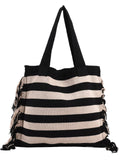 Sohiwoo Large Capacity Striped Pattern Tote Bag Taseel Decor Shoulder Bag All-Match Casual Shopping Bag