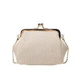 Sohiwoo Boho Straw Woven Kiss Lock Metal Chain Clutch Textured Frame Purse Crossbody Bag