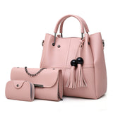 Sohiwoo 3 Pcs Solid Color Tote Bag Set Large Capacity Tassel Decor Handbag Crossbody Bag & Flap Purse