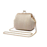 Sohiwoo Boho Straw Woven Kiss Lock Metal Chain Clutch Textured Frame Purse Crossbody Bag