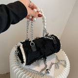 Sohiwoo Retro Cylinder Bag Crossbody Bag With Pearl Metal Chain Versatile Handbag & Coin Purse