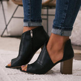 Sohiwoo Black Cut Out Peep Toe Pumps Chunky Block Heel Ankle Boots