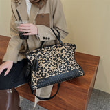 Sohiwoo Vintage Leopard Print Tote Bag Large Capacity Shoulder Bag Zipper Portable Crossbody Bag