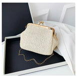 Sohiwoo Boho Straw Woven Kiss Lock Metal Chain Clutch Textured Frame Purse Crossbody Bag