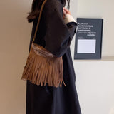 Sohiwoo Vintage Suede Embroidery Crossbody Bag Bohemian Large Capacity Tassel Fringe Shoulder Bag