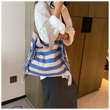 Sohiwoo Large Capacity Striped Pattern Tote Bag Taseel Decor Shoulder Bag All-Match Casual Shopping Bag