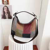 Sohiwoo Large Capacity Crossbody Bag Colorblock Canvas Hobo Bag Vintage Stitching Shoulder Bag