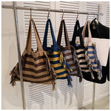 Sohiwoo Large Capacity Striped Pattern Tote Bag Taseel Decor Shoulder Bag All-Match Casual Shopping Bag