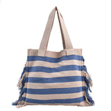 Sohiwoo Large Capacity Striped Pattern Tote Bag Taseel Decor Shoulder Bag All-Match Casual Shopping Bag