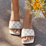 Sohiwoo Women Casual Square Toe Print Slippers Slip on Flat Sandals