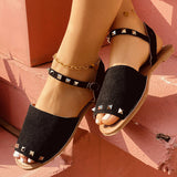 Sohiwoo Rivet Decor Peep Toe Flat Ankle Strap Sandals