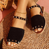 Sohiwoo Rivet Decor Peep Toe Flat Ankle Strap Sandals