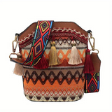 Sohiwoo Geometric Embroidery Bucket Bag Tassel Crossbody Shoulder Bag