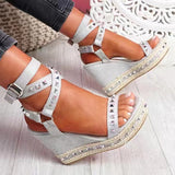 Sohiwoo Women Rivet Decor Strappy Wedges Espadrille Platform Ankle Strap Sandals