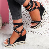 Sohiwoo Women Rivet Decor Strappy Wedges Espadrille Platform Ankle Strap Sandals